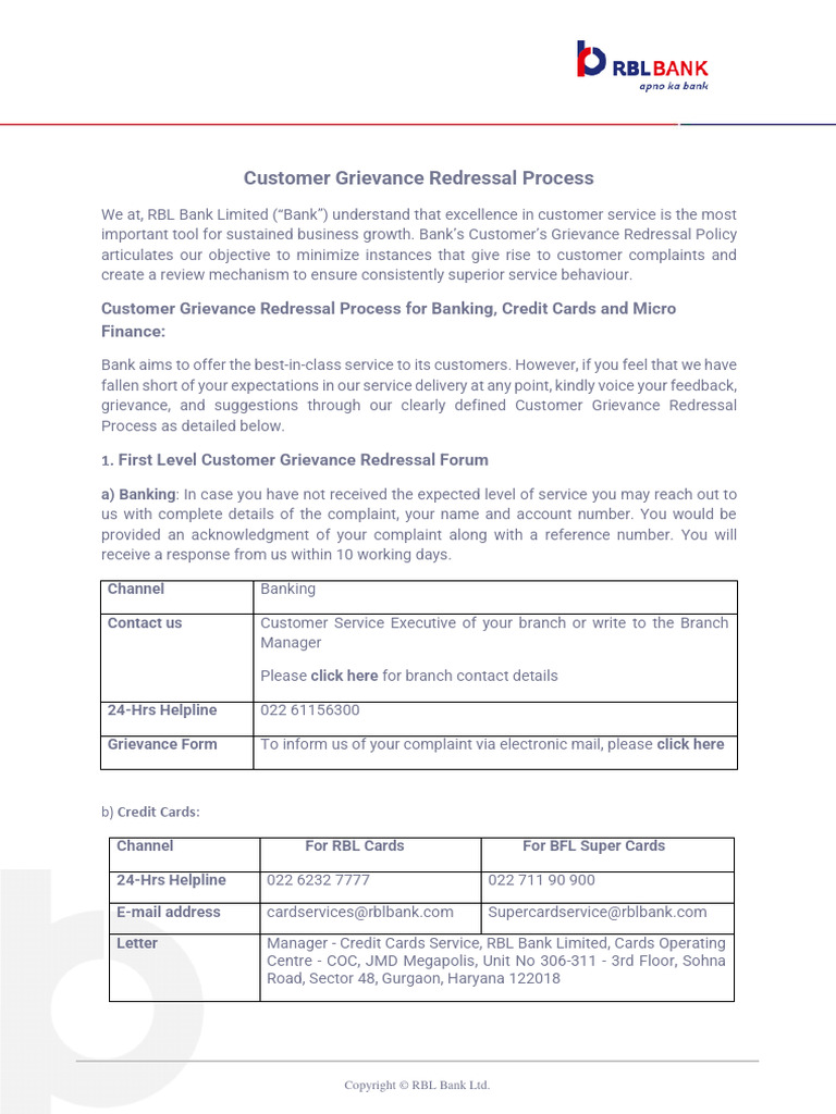 RBL Bank Customer Grievance Process | PDF | Economies | Business