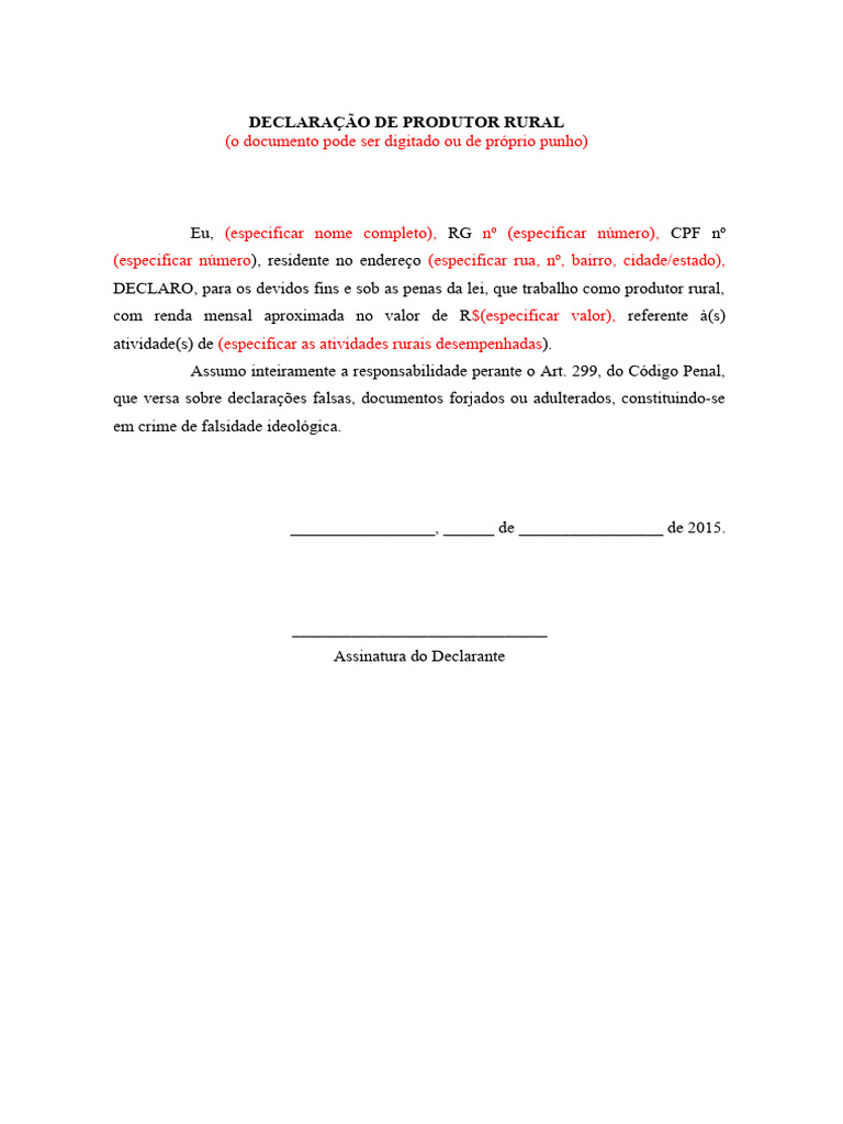 Modelo Declaração De Produtor Rural Pdf