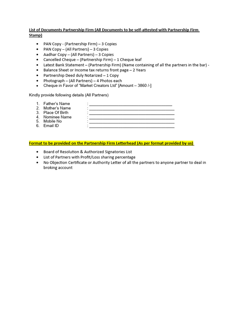 List of Documents Partnership Firm | PDF