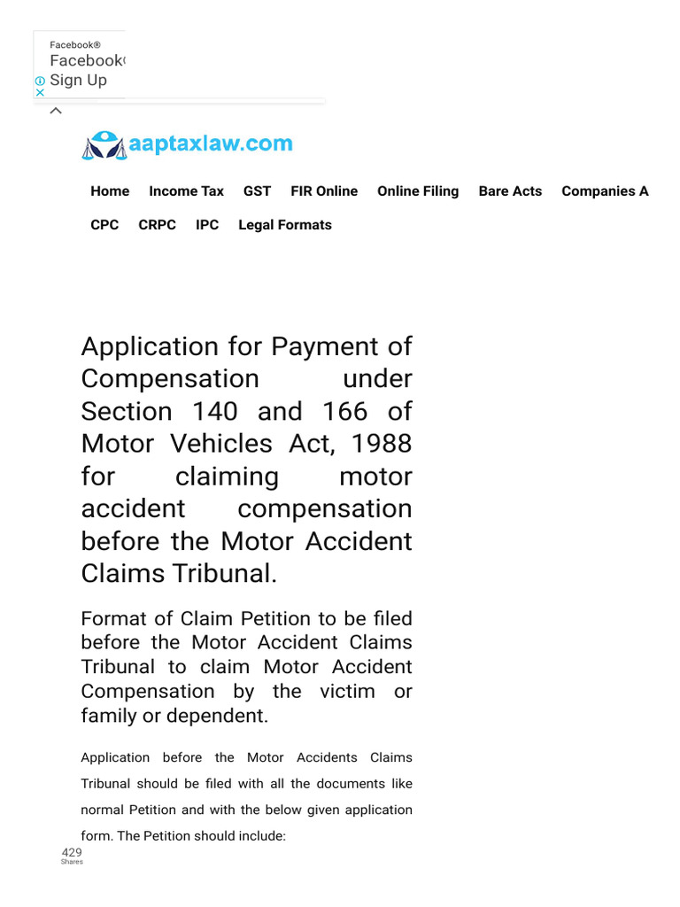 Motor Accident Compensation Claim Form - Application Under Section 140 ...
