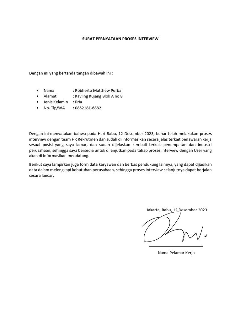 Surat Proses Rekrutmen - Robherto Matthew | PDF | Bisnis