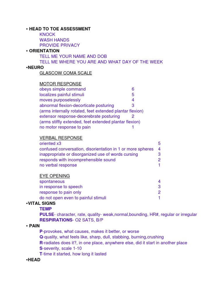 Comprehensive Head-to-Toe Assessment Guide | PDF | Anatomical Terms Of ...