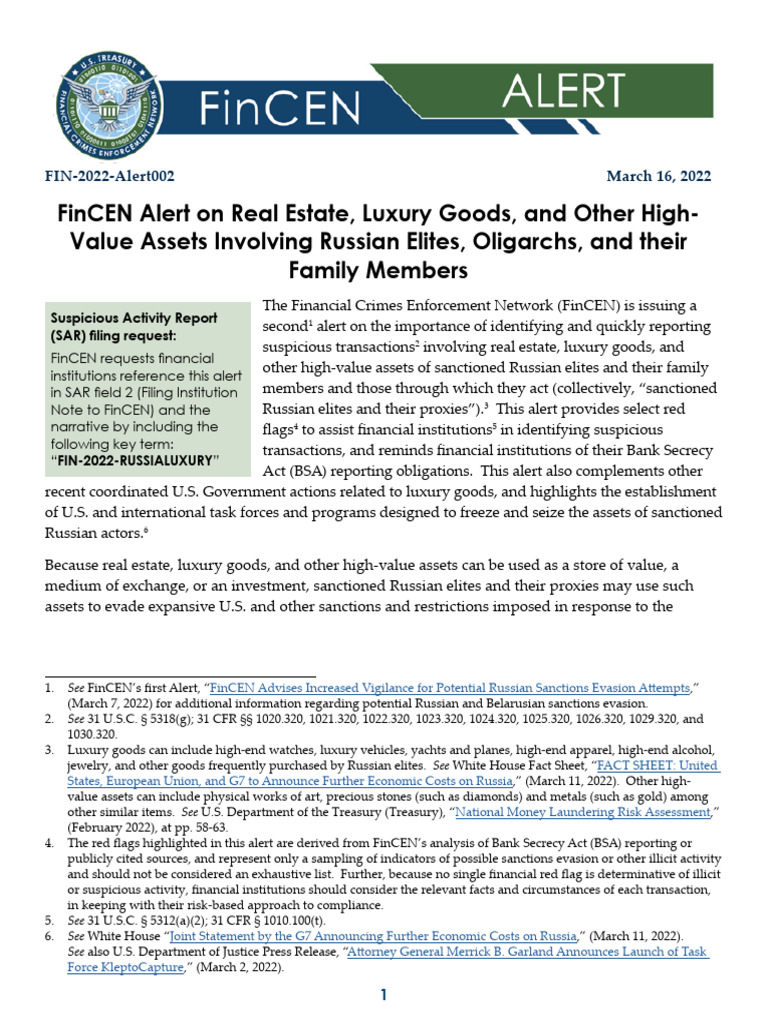 Fincen alert russian elites high value assets 508 final pdf money