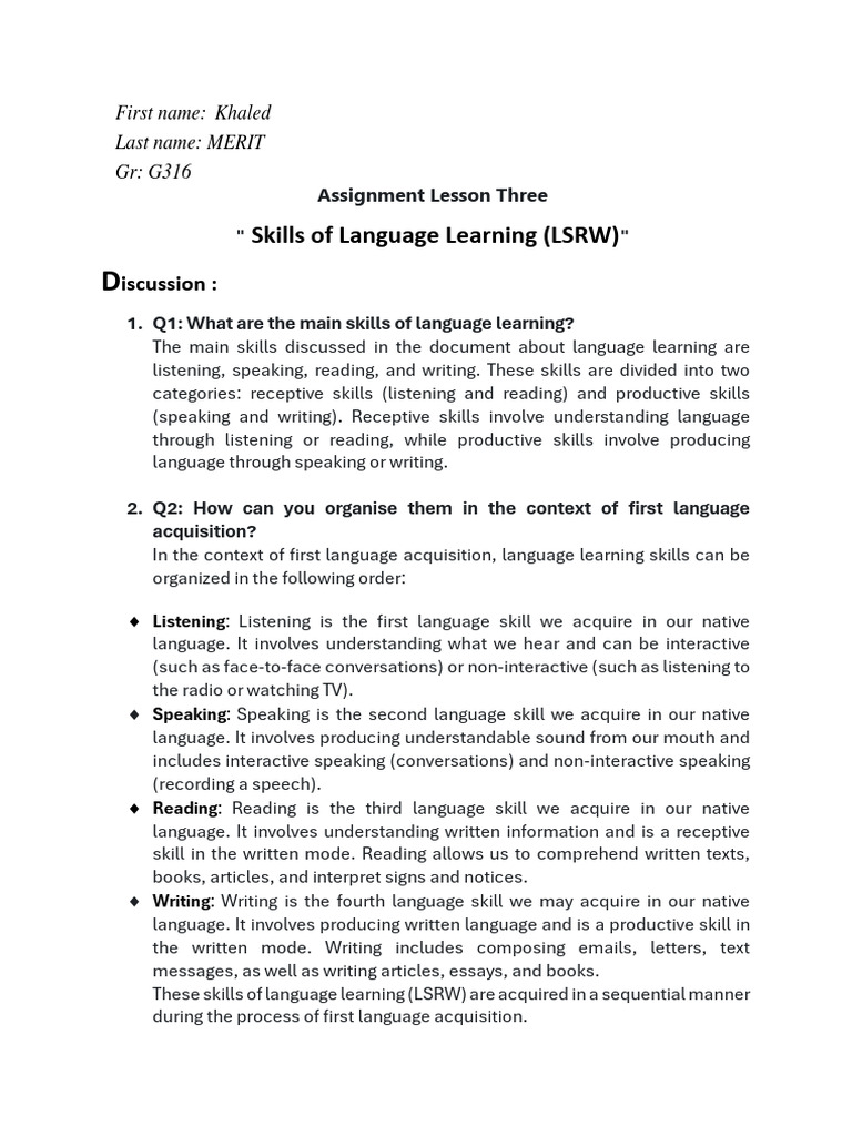 Understanding LSRW Language Skills | PDF | Language Acquisition | Learning