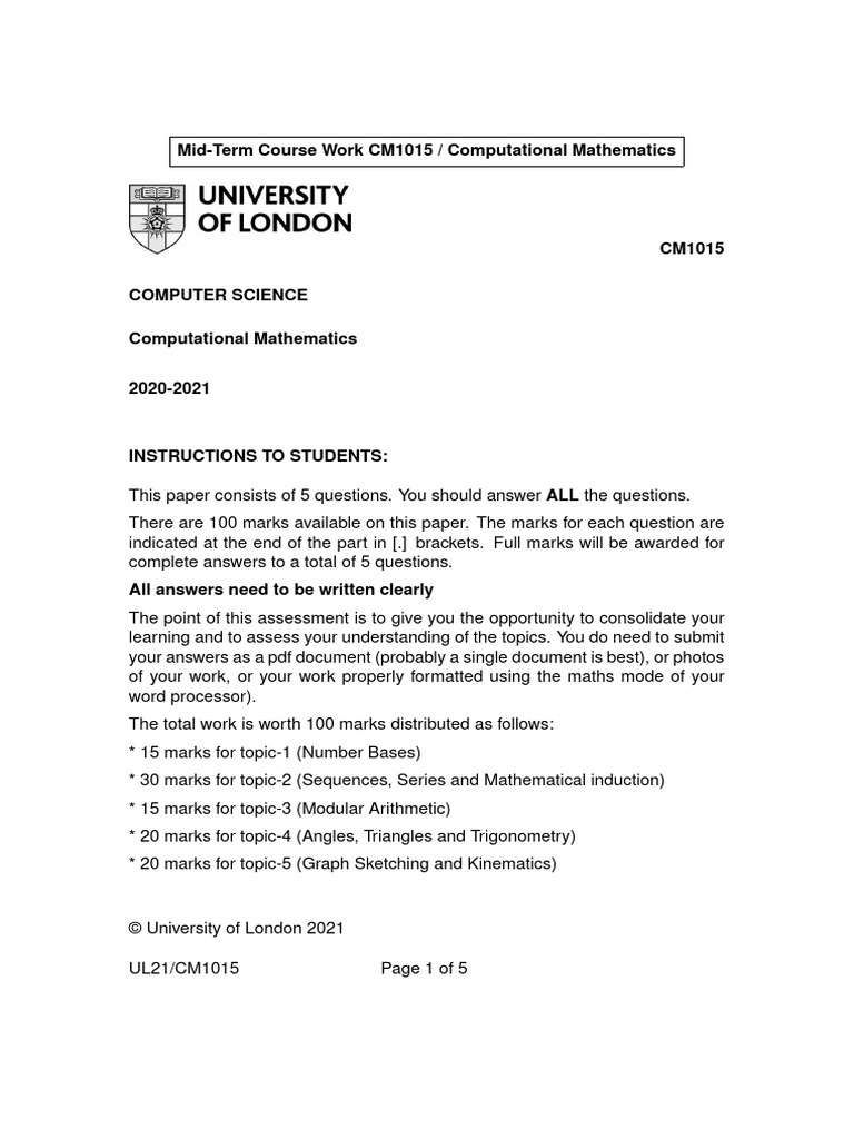 Mid term course work cm1015 computational mathematics pdf