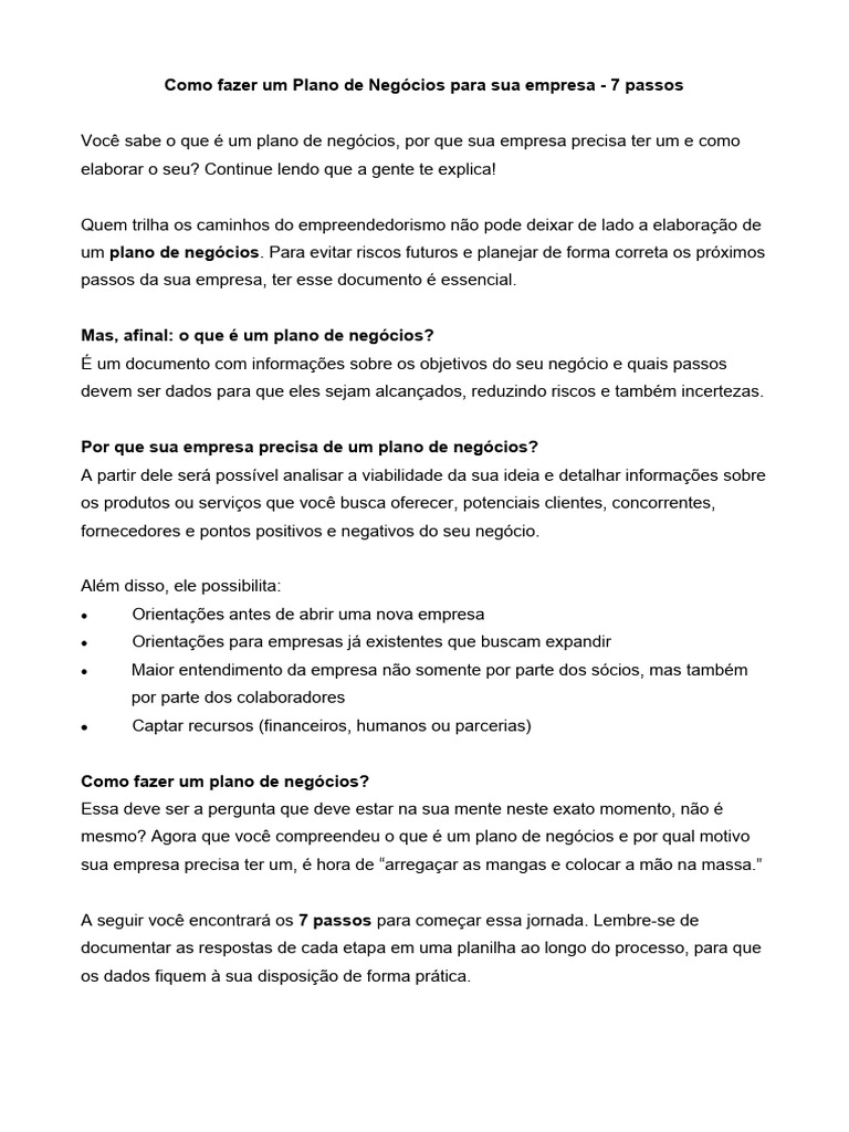 Como Fazer Um Plano de Negócios para Sua Empresa | PDF