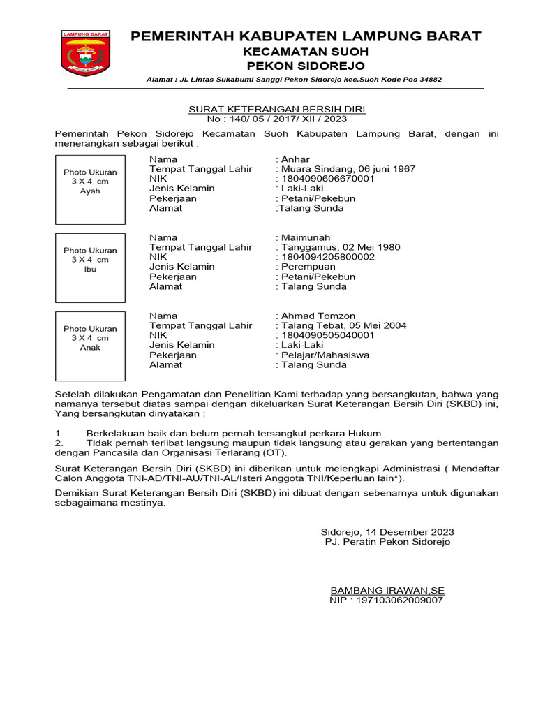 Surat Keterangan Bersih Diri (SKBD) | PDF