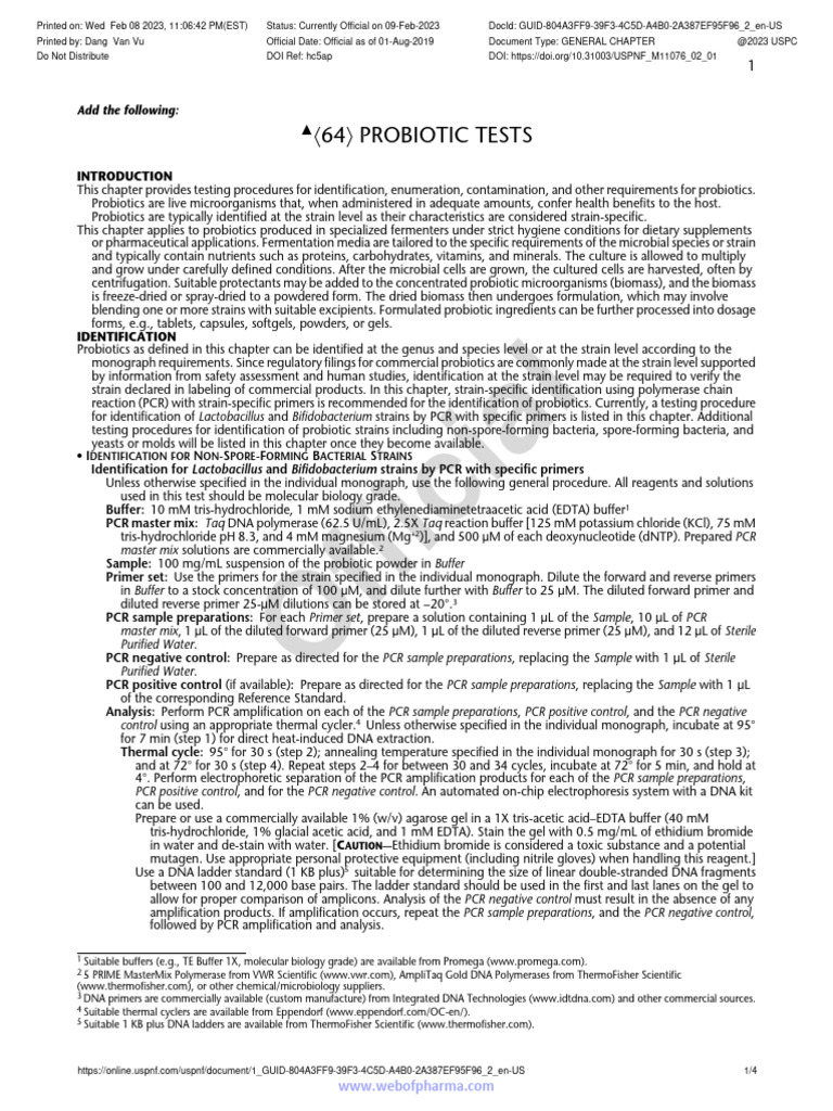 Probiotic Testing Procedures and Methods | PDF