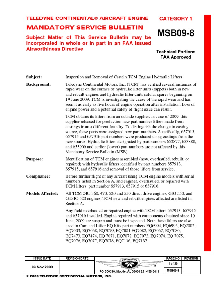 Continental Service Bulletin (Msb098) Cylinder (Engine) Valve