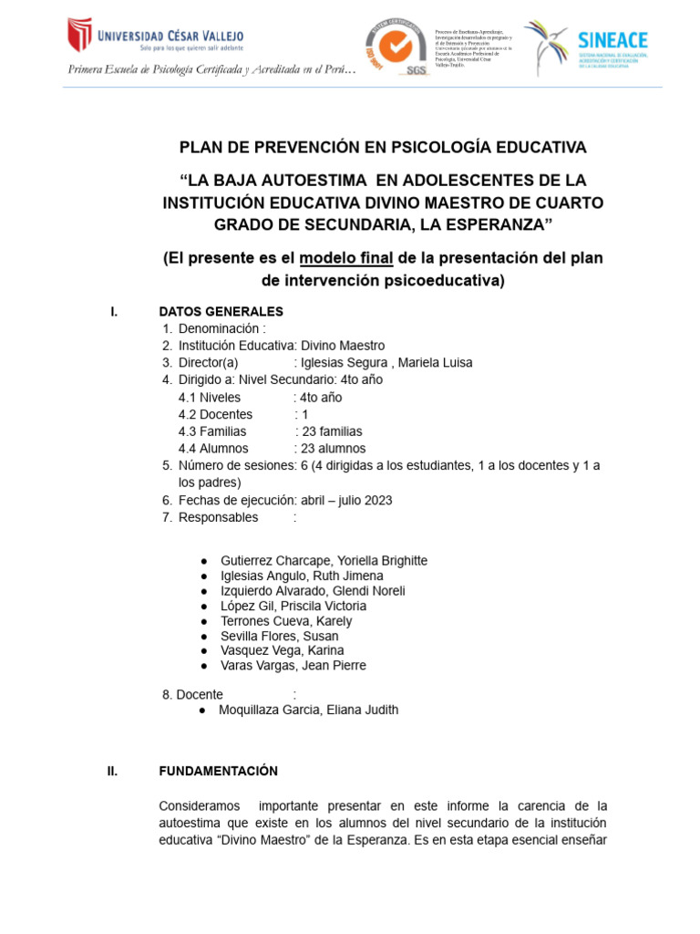 Plan de Intervención Psi - Educativa - Grupo 01 | PDF