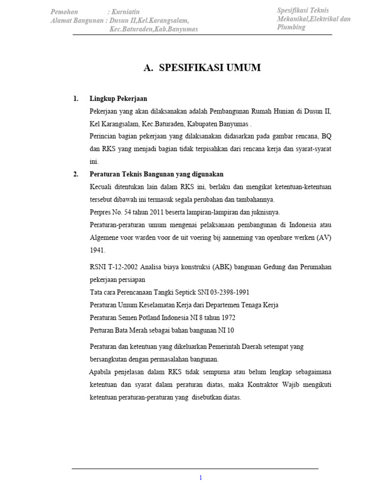 Spesifikasi Teknis Pembangunan Rumah | PDF