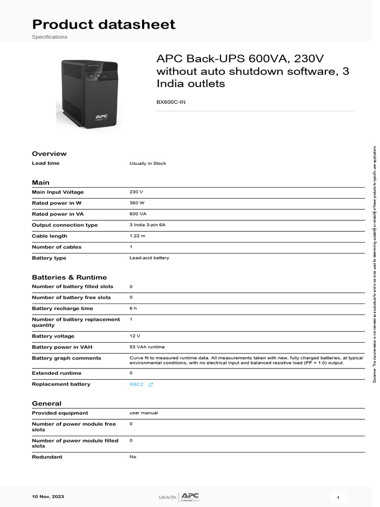Back-UPS Battery Backup - BX600C-IN | PDF | Mains Electricity ...
