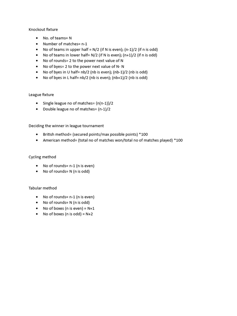 Fixture Formulae Pdf