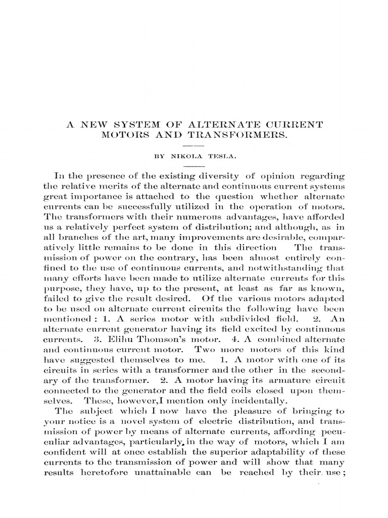 Systems of Alternate Current Motors and Transformers / Tesla | PDF ...