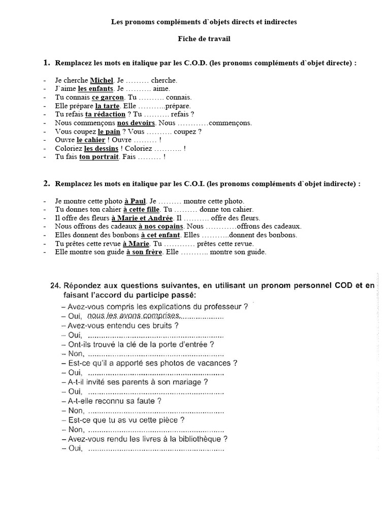 Exercices sur les pronoms C.O.D. et C.O.I. | PDF