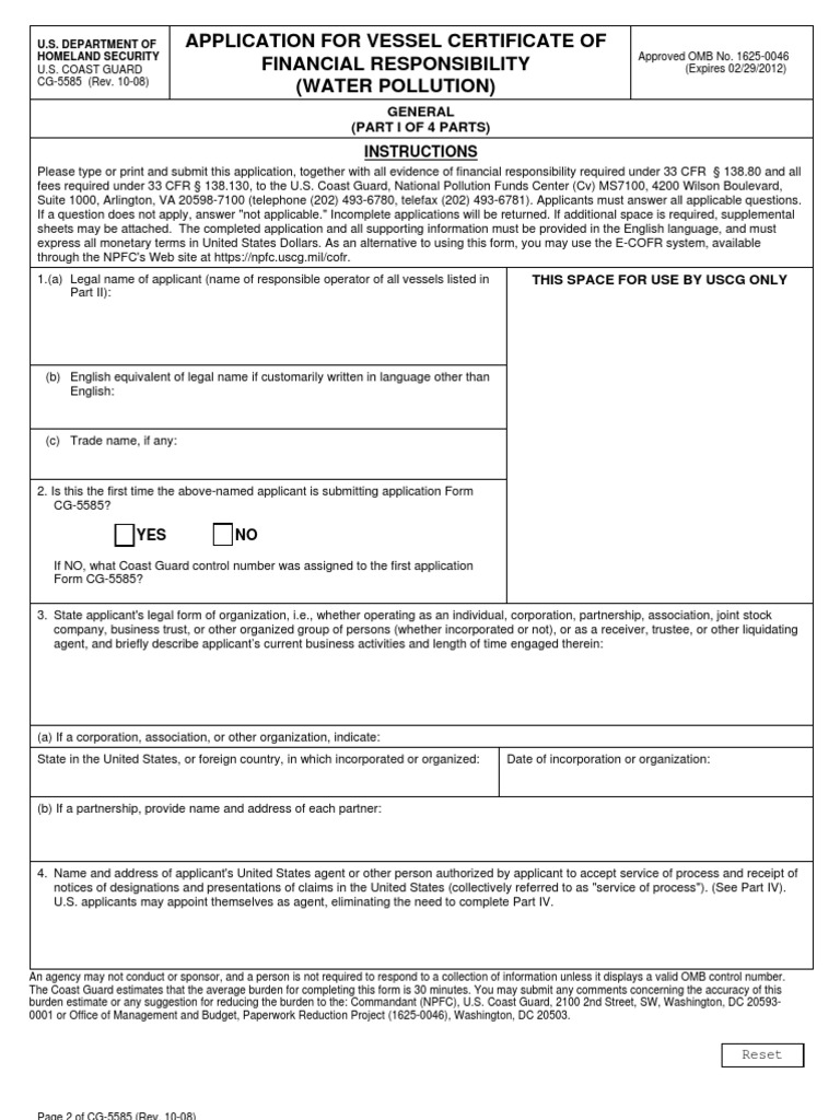 Vessel Financial Responsibility Application | PDF | United States Coast ...