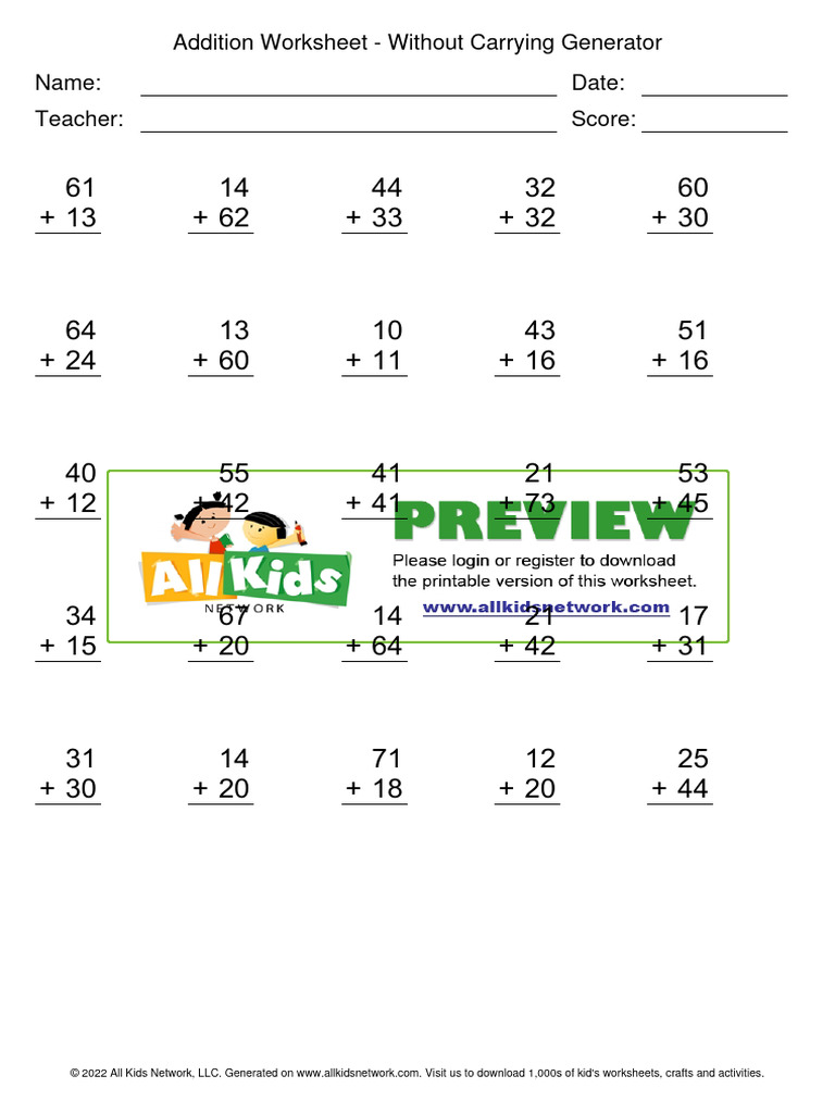 Addition Worksheet Without Carrying Generator PDF