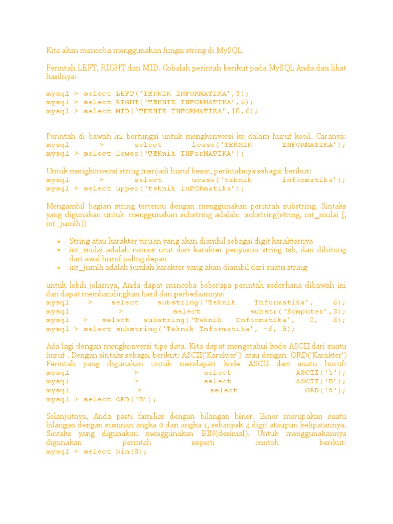 Fungsi String dalam MySQL | PDF | Metode & Bahan Ajar | Komputer
