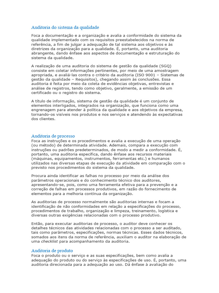 Auditoria do Sistema de Qualidade: Tipos e Processos | PDF | Qualidade ...