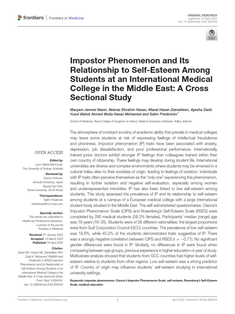 Impostor Phenomenon and Its Relationship To Self-Esteem  PDF  Self 