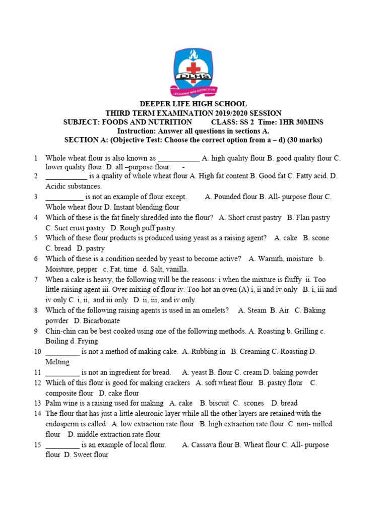 SS2 Food and Nutrition Exam Questions | PDF | Flour | Foods