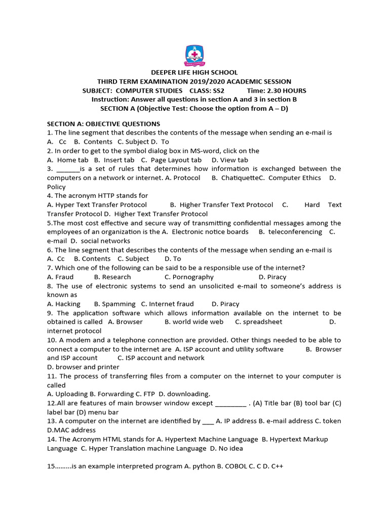 SS2 Computer Studies Exam Questions | PDF | Logic Gate | World Wide Web