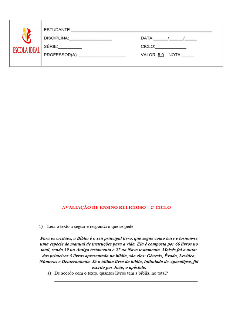 Prova de Ensino Religioso 6 Ano - 2 Ciclo | PDF | Bíblia | Moisés