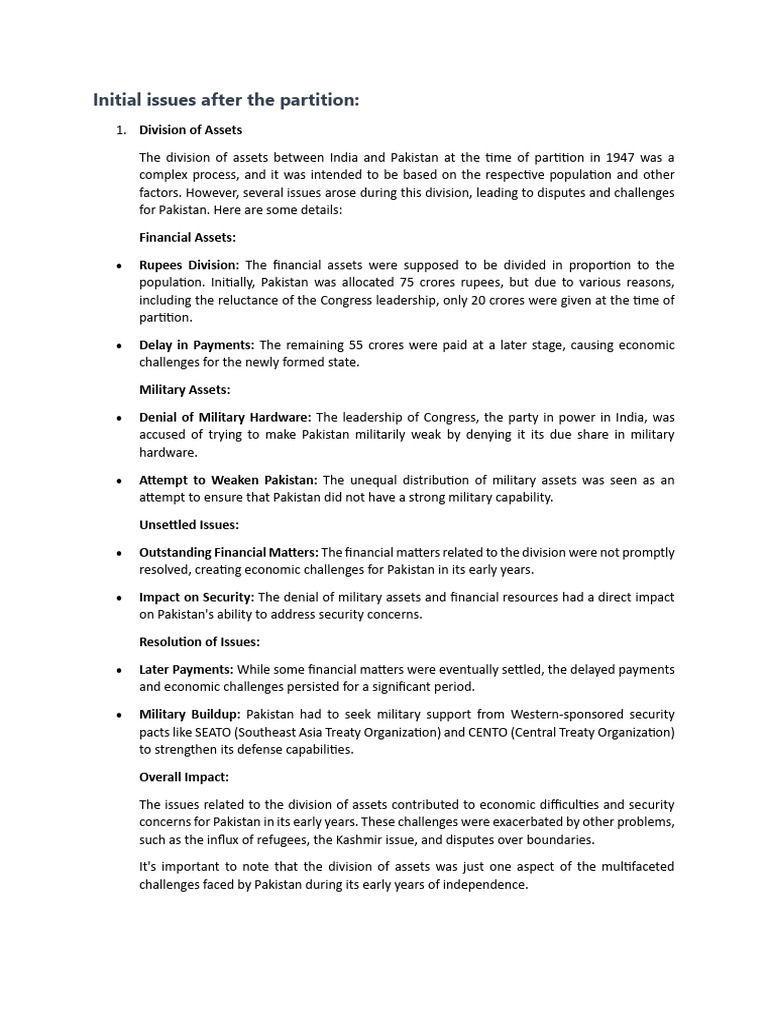 Initial Issues of Pakistan | PDF | Muhammad Ali Jinnah | Pakistan