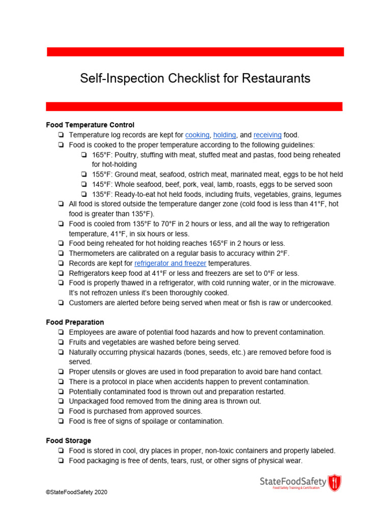 Self-Inspection Checklist For Restaurants | PDF | Sink | Bathroom