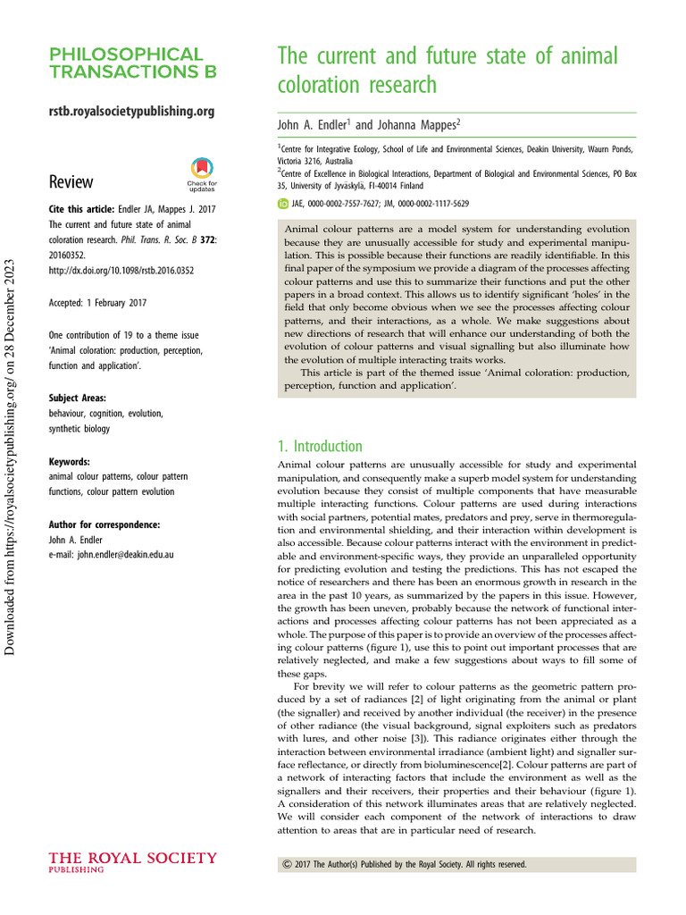 Endler Et Al 2017 The Current and Future State of Animal Coloration ...