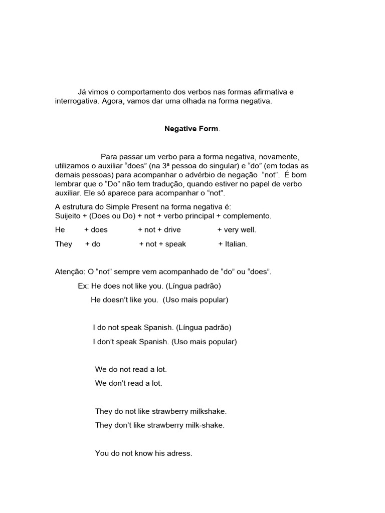 Forma Negativa do Simple Present | PDF | Assunto (gramática) | Linguística
