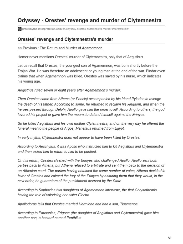 Odyssey Orestes Revenge and Murder of Clytemnestra PDF