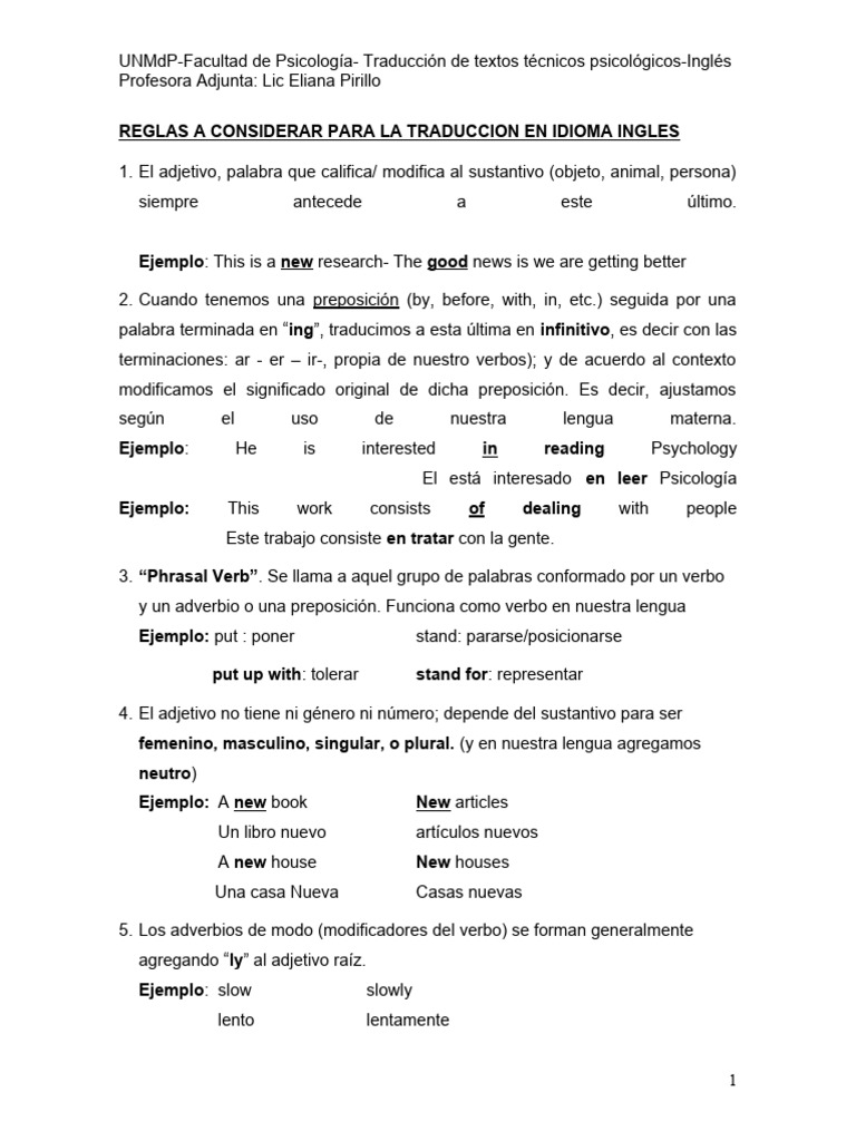 REGLAS de Traducción PDF Verbo Adjetivo