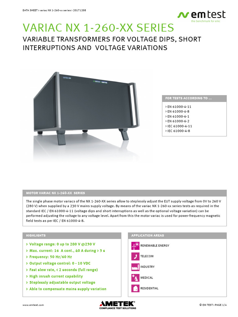 Data Sheet Variac NX 1-260-xx | PDF | Mains Electricity | Metrology