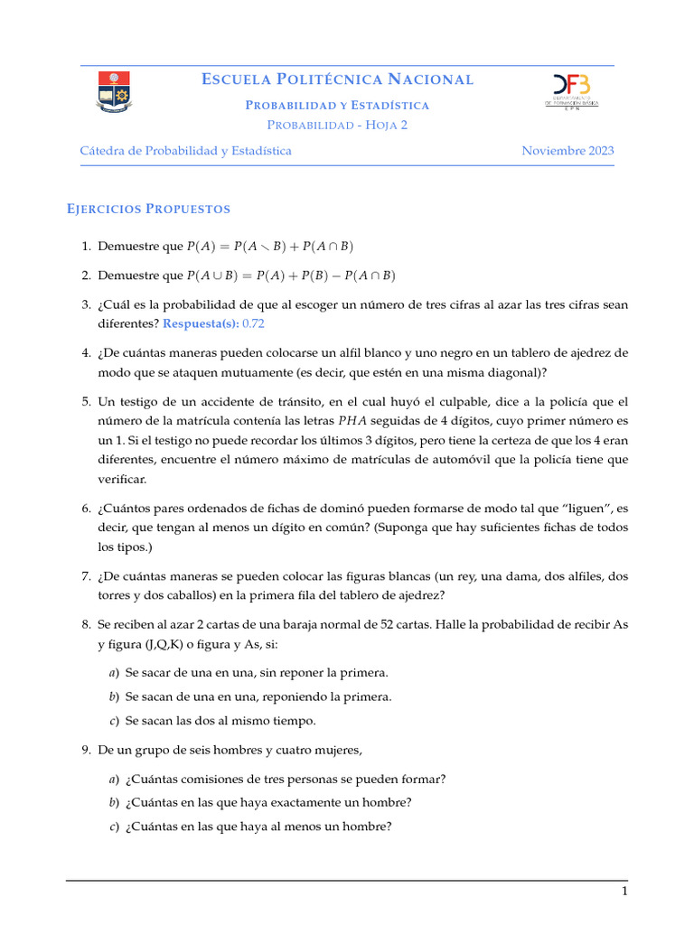 Hoja de Ejercicio 2 | PDF | Jugando a las cartas | Probabilidad