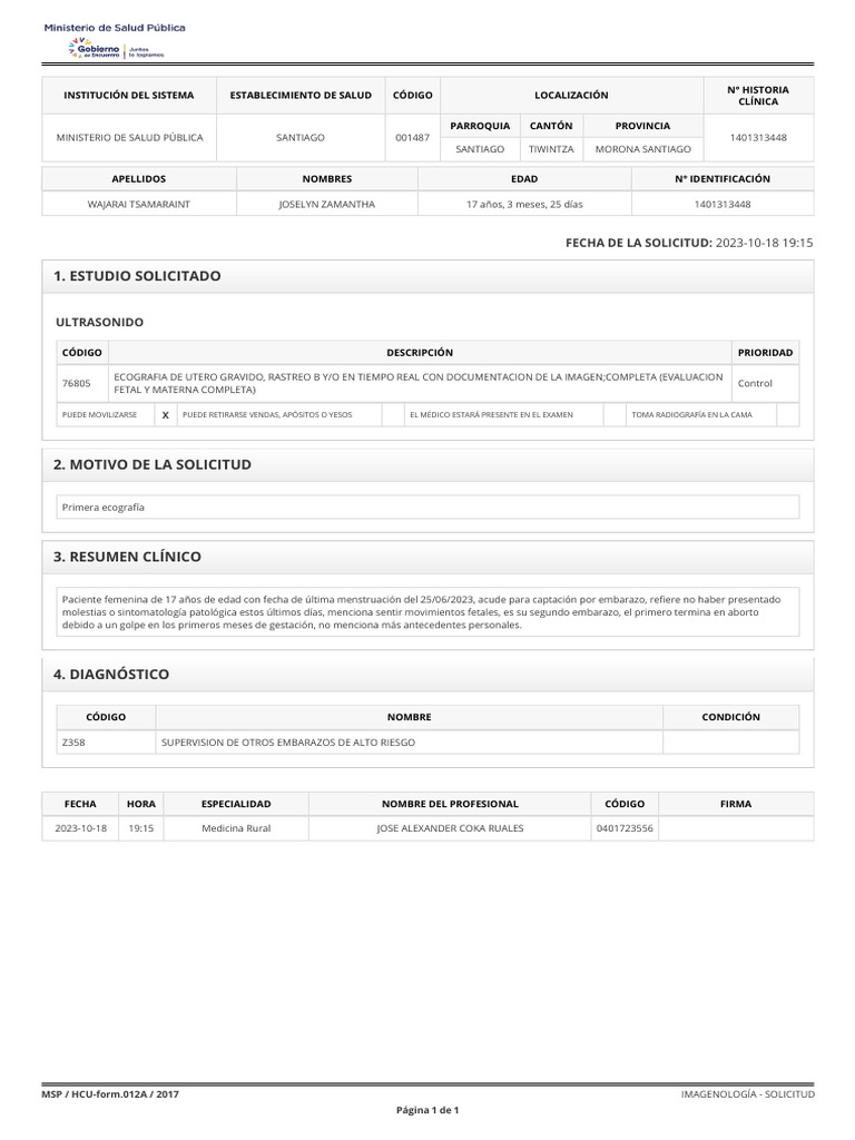 MSP HCU-form.012A 2017 | PDF | El embarazo | Ultrasonido médico