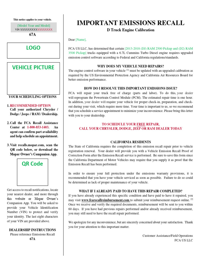 Important Emissions Recall 67A D Truck Engine Calibration PDF