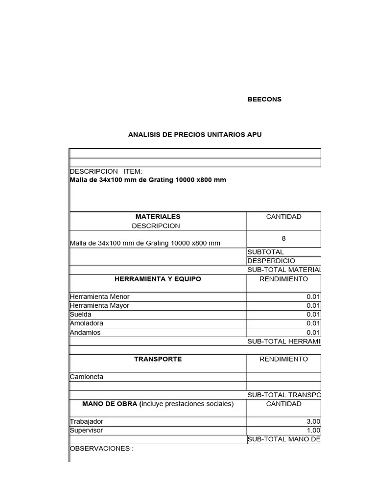 Análisis de Precios Unitarios en Construcción | PDF
