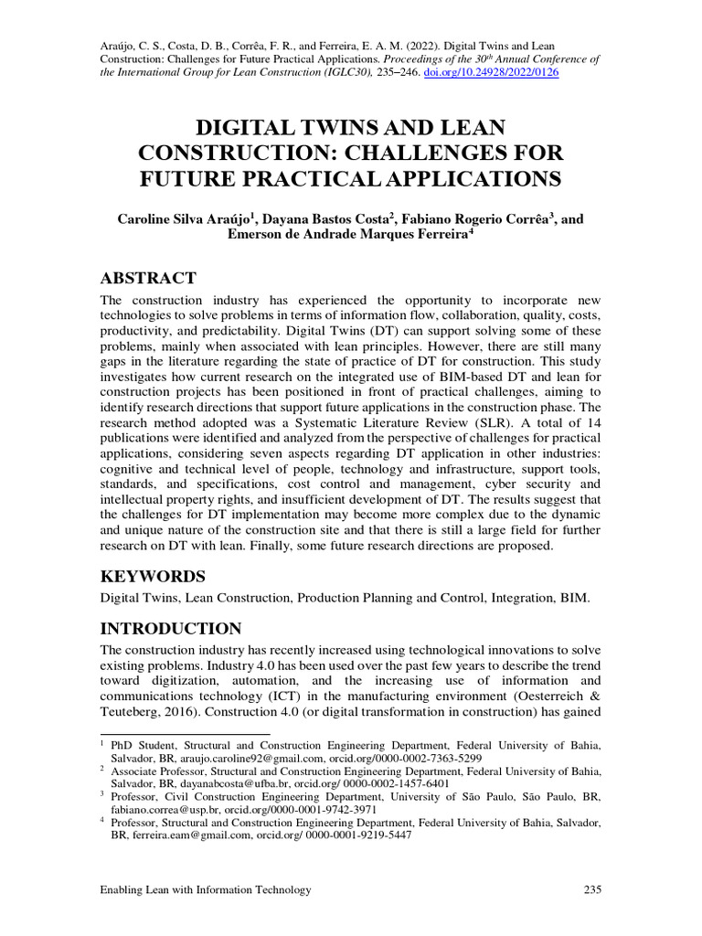 DIGITAL TWINS AND LEAN CONSTRUCTION CHALLENGES FOR FUTURE PRACTICAL ...