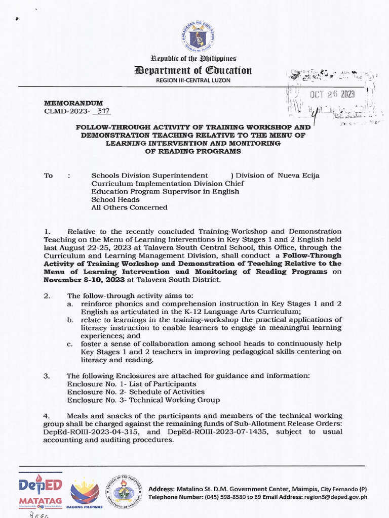 Memorandum CLMD-2023-317 - Follow Through Activity of Training Workshop ...