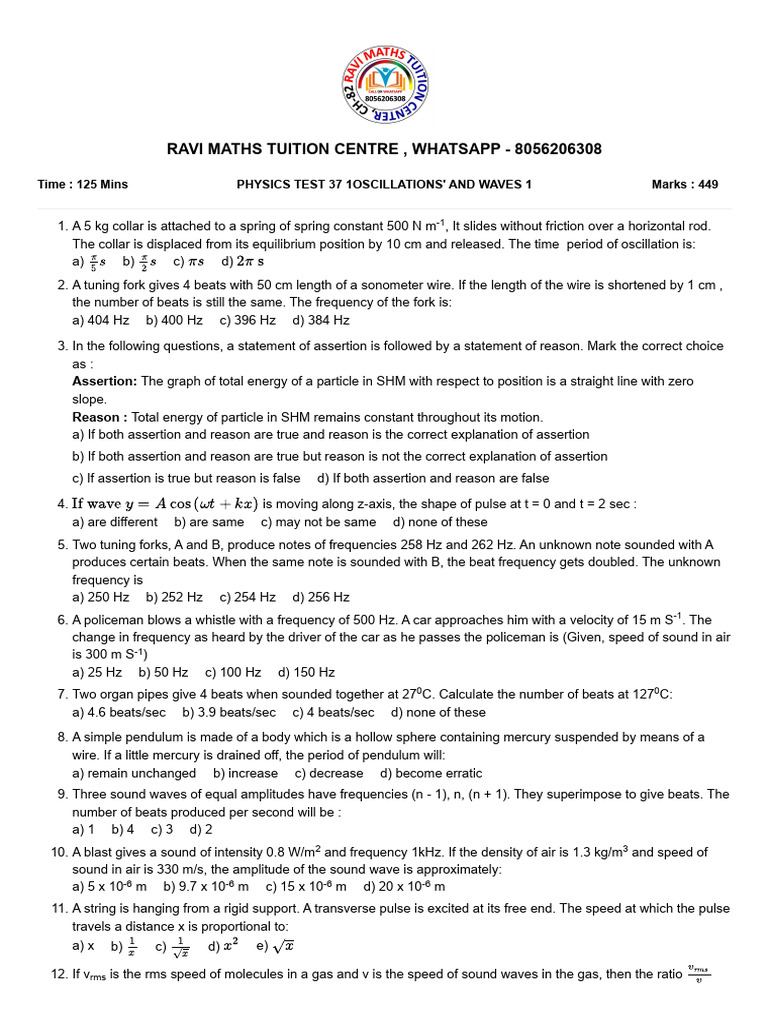 Physics Test on Oscillations and Waves | PDF