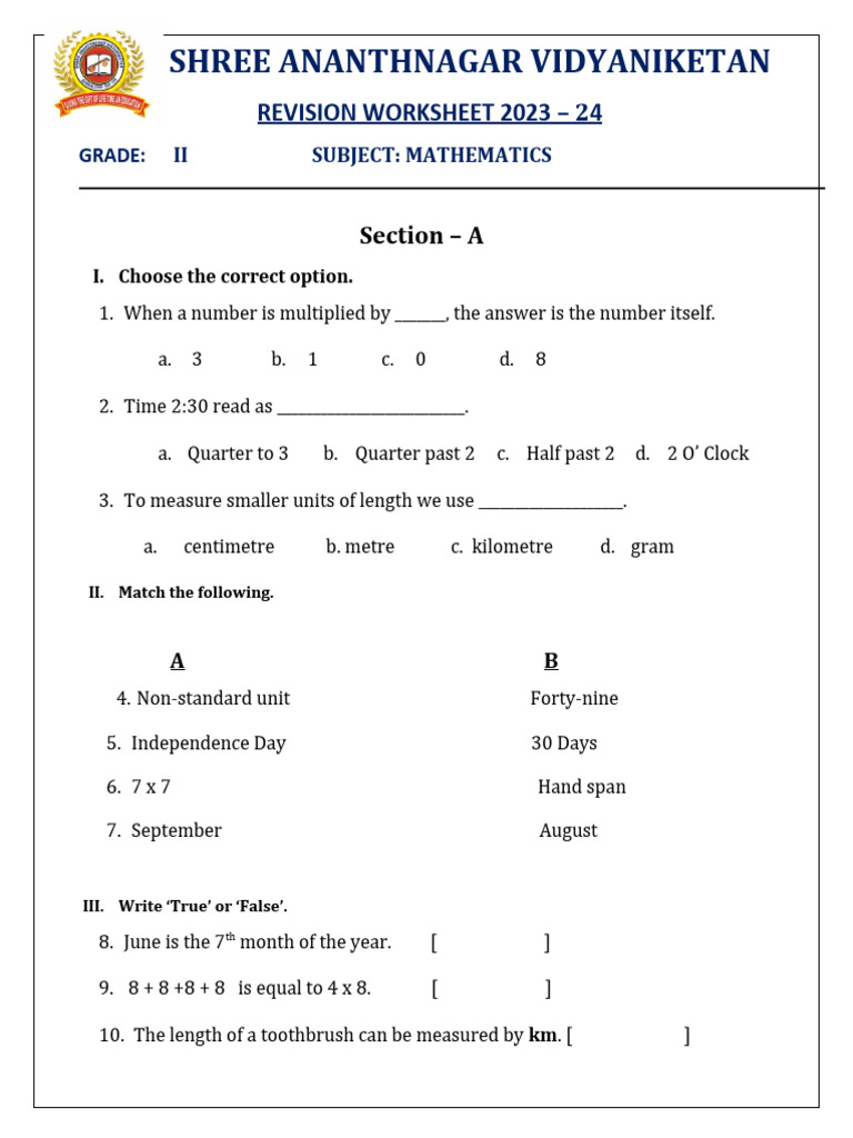 2nd STD MATHS WORKSHEET 2 PDF