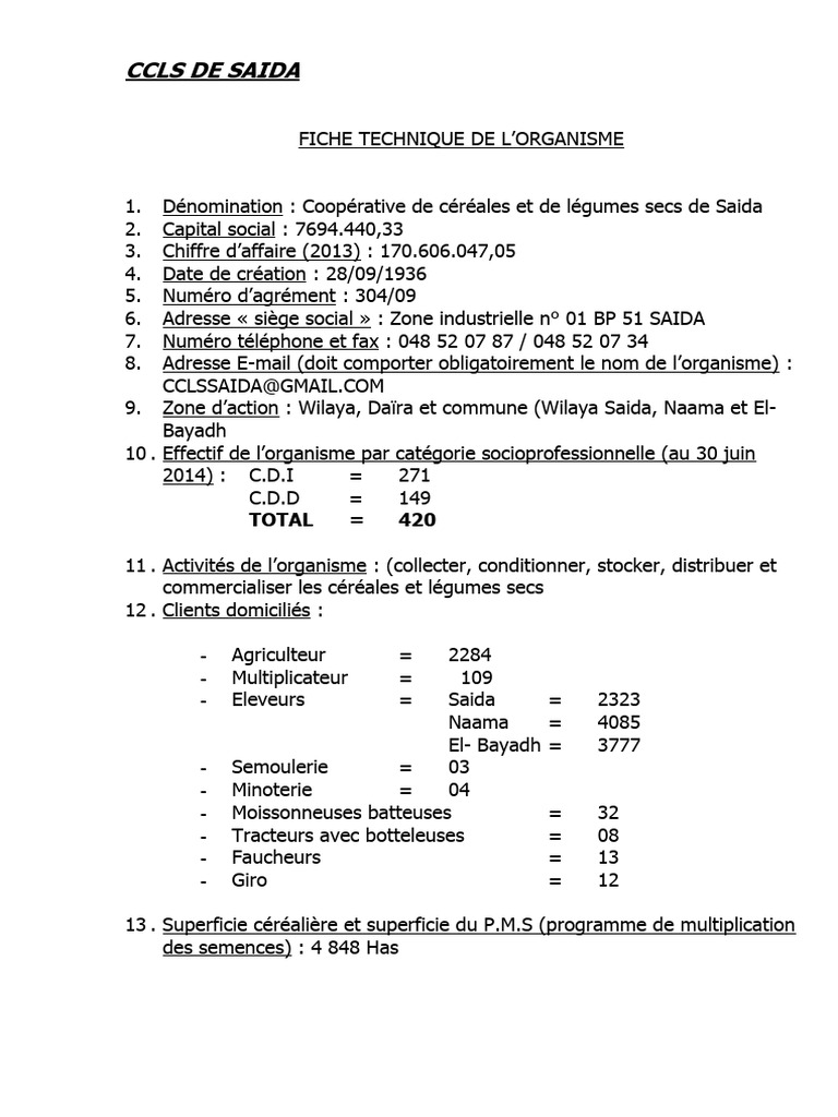 CCLS de Saida : Fiche Technique 2023 | PDF | Agriculture | Échecs