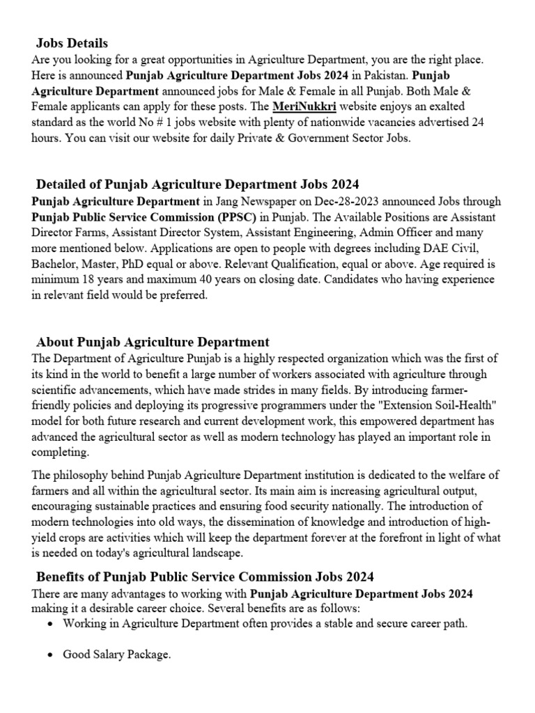 Punjab Agriculture Department Jobs 2024 Pdf Agriculture United