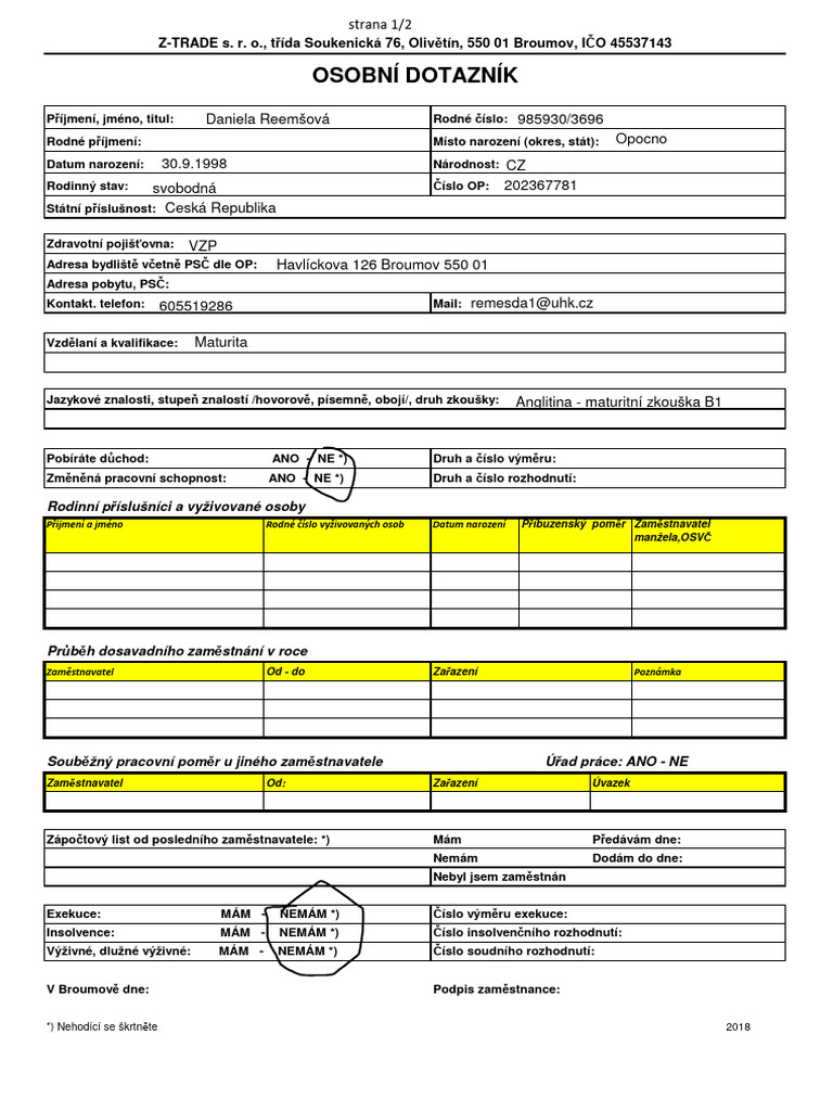 Osobni - Dotaznik - Formular - 2018 - VC - Souhlasu - GDPR 2 | PDF