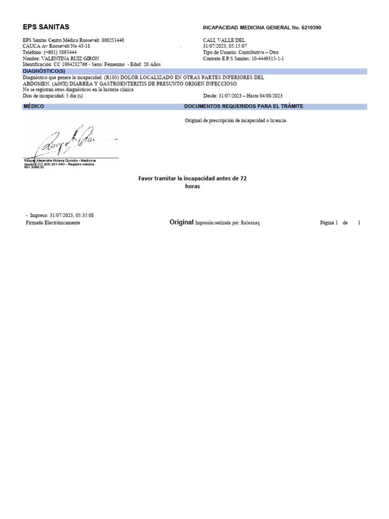 Incapacidad Médica por Diagnóstico R103 | PDF