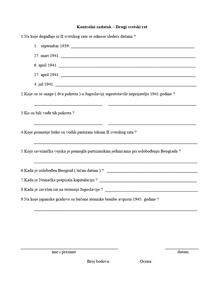 Kontrolni Zadatak Drugi Svetski Rat PDF