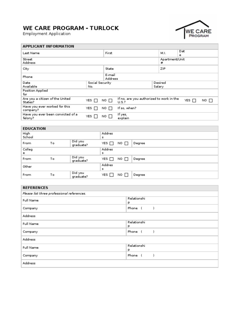 We Care Employment Application | PDF | Career & Growth | Business