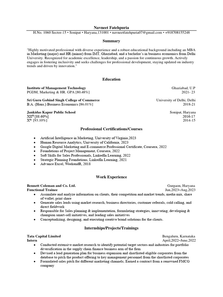 Navneet Fatehpuria Resume 2024 PDF Marketing Brand