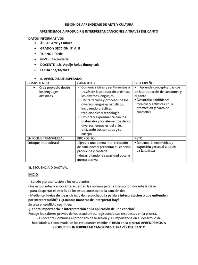 Sesión de Aprendizaje de Arte y Cultura | PDF | Canciones | Canto